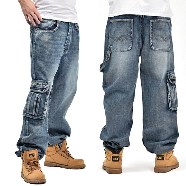 Narrived 2019 Men's blue Baggy Jeans with side pockets Hip Hop Designer Brand Skateboard Pants loose Style Plus Size 30-46